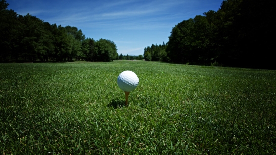 Golfboll på pegg i gräset