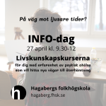 Affisch med silhuett av kvinna vid fönster. Information är infodag 27 april 2022 kl 9.30-12.00 på Hagabergs folkhögskola.