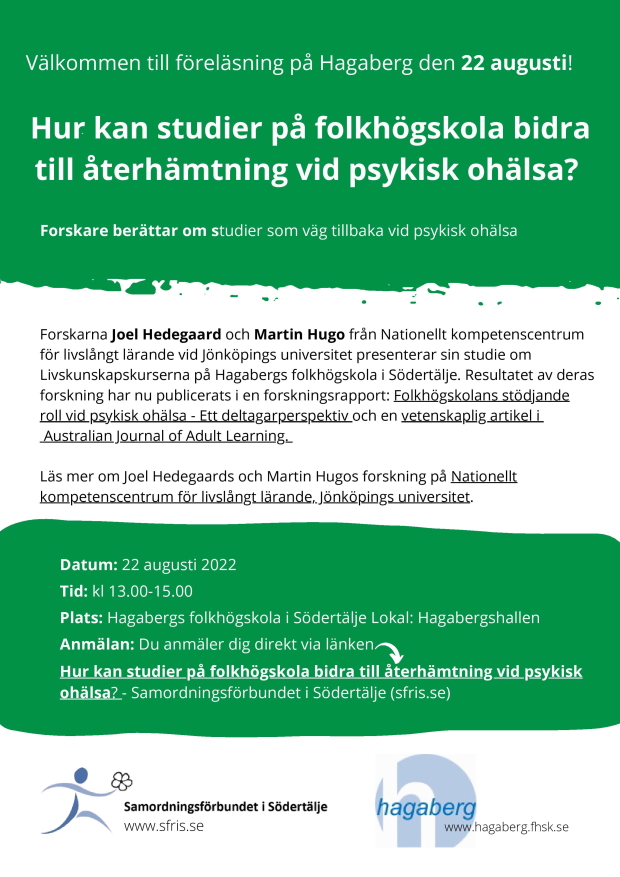 Inbjudan till föreläsning på Hagabergs folkhögskola 22 augusti kl 13-15 om folkhögskolans roll vid återhämtning