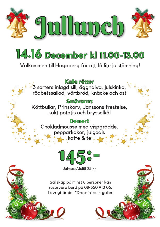 Affisch för jullunch 2022. Kalla rätter, småvarmt och dessert för 145 kr.
