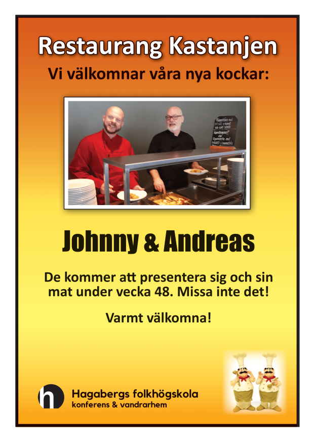 Vi välkomnar våra nya kockar Johnny och Andreas till Hagabergs restaurang. Vecka 48 presenterar de sig och sin mat lite närmare.