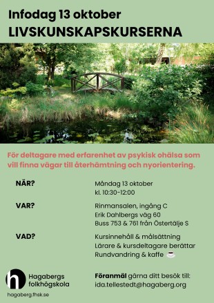 Affisch för livskunskapskursernas infodag måndag 13 oktober kl. 10.30-12.00.
