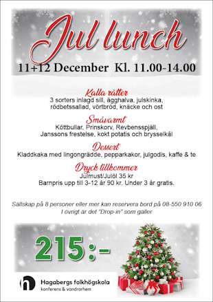 Affisch med datum, pris och meny för jullunchen 2025
