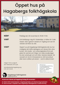 Öppet hus på Hagaberg, fredag 28/11 2025 kl. 15–17. Plats: Café Oasen, ingång A - gå till vänster sedan.