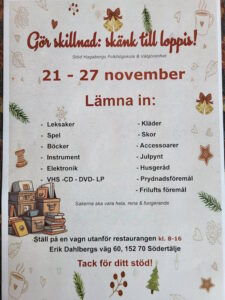 21-27 november kan du skänka till vår loppis. Lämna in leksaker, spel, böcker, husgeråd etc. Ställ på vagn utanför restaurangen kl. 8-16.