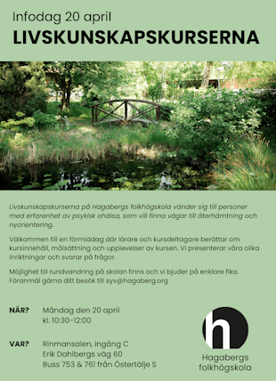 Affisch för livskunskapskursernas infodag måndag 20 april kl. 10.30-12.00.