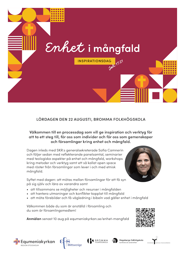 Affisch för inspirationsdagen för "Enhet i mångfald" 22 augusti 2026 på Bromma folkhögskola.