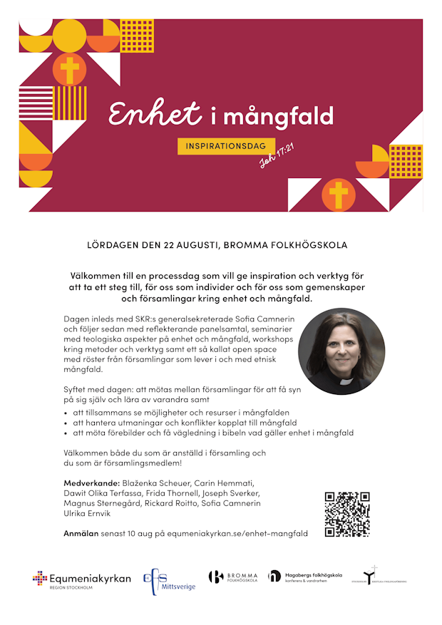 Affisch för inspirationsdagen för "Enhet i mångfald" 22 augusti 2026 på Bromma folkhögskola.
