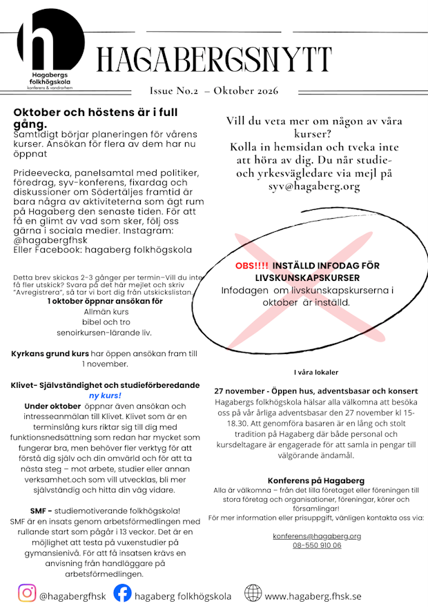 Ett informationsblad om vad som är på gång på Hagabergs folkhögskola. Nr 2 - oktober 2026.
