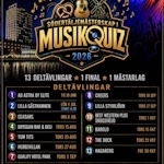 Affisch för musikquiz och alla tillfällens datum.
